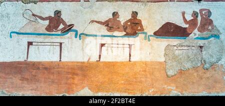 Paestum, ancient frescoes in the tomb of the diver Stock Photo