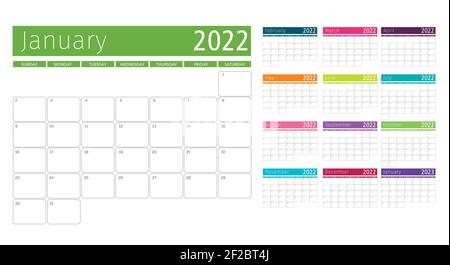 monthly organization calendar template grid for 2022 multicolored Stock Vector