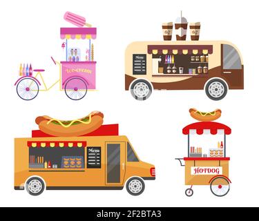 Street food and fast food transport equipment set. Ice cream and coffee, hot dog and sausage, portable kiosk, showcase market, vector illustration Stock Vector