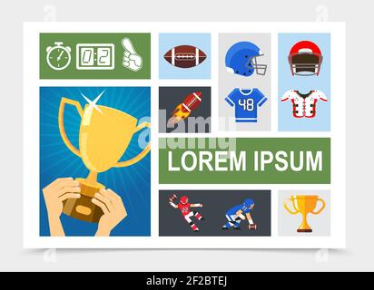 Flat rugby elements composition with american football players cup balls shirts armor helmets hands holding trophy vector illustration Stock Vector