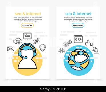 Internet technology vertical banners with operator message search monitor web security globe data exchange like sign gears navigation line icons vecto Stock Vector