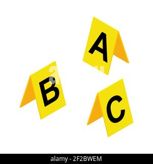 Crime scene markers symbol. Plastic yellow  investigation label design set with letter A, B, C. Criminalistic vector illustration isolated on white ba Stock Vector