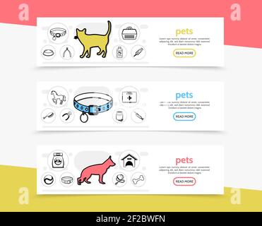 Pets horizontal banners with cat dog horse carriers feed care tools and medical instruments line icons vector illustration Stock Vector