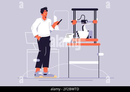 Young guy printing prototype using 3d printer Stock Vector