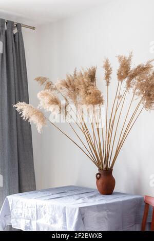 Dry Cane Reeds in a clay jug on a table with a blue tablecloth near the window, home interior Stock Photo