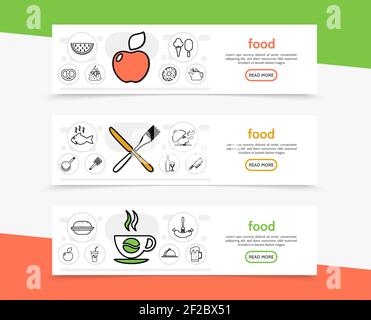Food and cooking horizontal banners with kitchen utensil fruits chicken beverages fish sausage pretzel ice cream in line style vector illustration Stock Vector