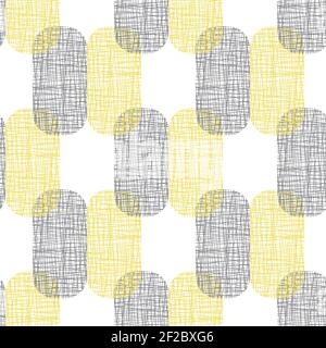 Irregular weave effect vector rectangles seamless pattern background. Groups of yellow grey rounded densely woven shapes on white backdrop. Geometric Stock Vector