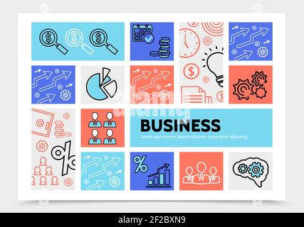 Business infographic template with magnifier calendar coins business people gears safe arrows teamwork bulb line icons isolated vector illustration Stock Vector