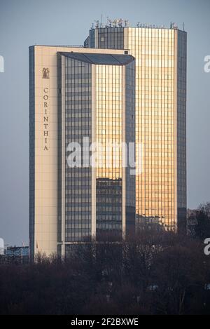 Prague, Czech republic - February 24, 2021. Building of Corinthia Tower hotel by Nusle bridge in sunset Stock Photo