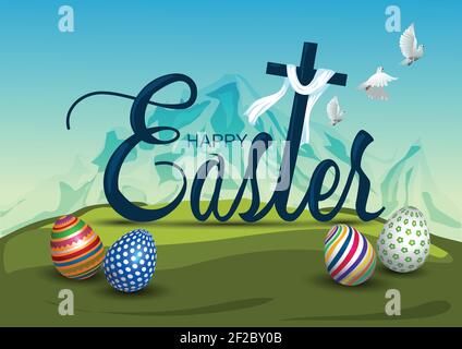 Happy Easter nature background with colorful patterned eggs and coss, cloth, flying dove. Greeting card stylish design. Invitation template Vector ill Stock Vector