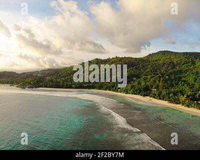 Drone Image of Baie Lazare Beach, Seychelles Stock Photo