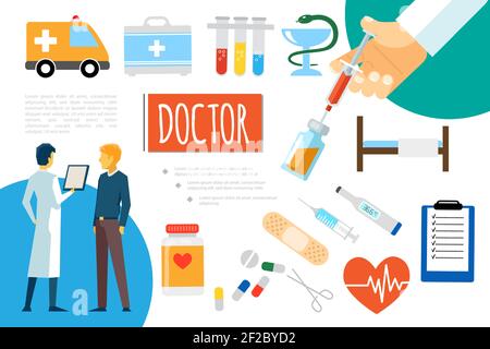 Flat medical care composition with doctor consulting patient ambulance car flasks bed syringe plaster scissors heart bottle of pills snake and bowl ve Stock Vector