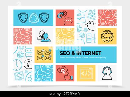 Internet infographic template with security cloud seo optimization bird operator clock message like sign search globe web navigation line icons vector Stock Vector