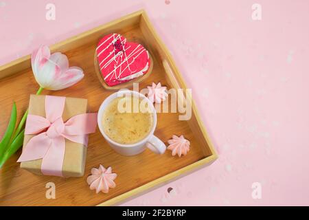 Composition with tray with tasty breakfast for Mothers Day or on Valentines Day, Top view with copy space. Stock Photo