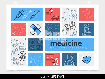 Medicine infographic template with syringe ambulance car hospital nurse doctor plaster dna microscope caduceus heartbeat stethoscope pills medical box Stock Vector