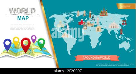 Flat travel colorful concept with pointers on navigation map famous landmarks and attractions on world map vector illustration Stock Vector
