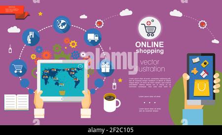 Flat e-commerce template with people ordering goods using tablet and mobile and various online shopping icons vector illustration Stock Vector