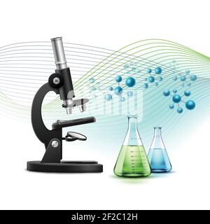 Vector black metal optical microscope with flasks full of green blue liquid and chemical compounds isolated on background Stock Vector