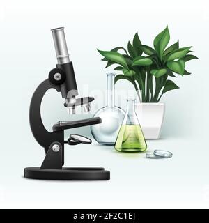 Vector black metal optical microscope, petri dish, flask with green liquid and plant isolated on background Stock Vector