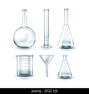 Vector set of empty transparent glass chemical laboratory flasks, funnel and test tube isolated on background Stock Vector