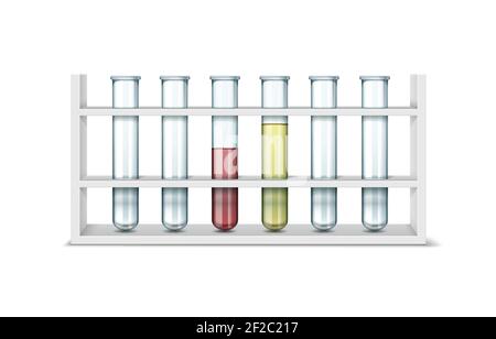 Vector set of empty transparent glass chemical laboratory test tubes with red, yellow liquid isolated on white background Stock Vector