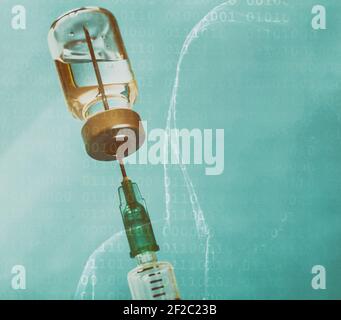 COVID19 Vaccine cybersecurity threats. Coronavirus vaccination, immunization cyber espionage to steal data. Research, testing, manufacturing informati Stock Photo