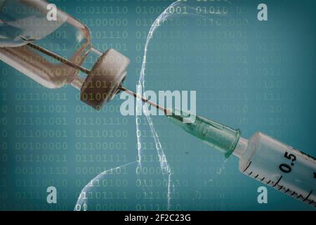 Coronavirus vaccine cybersecurity threats, cyber espionage to steal COVID19 Vaccine data. Pharmaceutical formula, clinical trials and appointment syst Stock Photo