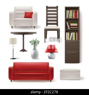 Vector set of living room furniture brown wooden bookcase, dining chair, white armchair, round table, plant, floor lamp, pouf and red sofa isolated on Stock Vector
