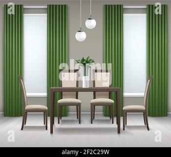 Vector dining room interior with brown wooden table, four chairs, chandelier or lamp, flower in vase, windows and green curtains Stock Vector