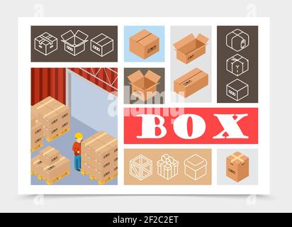 Isometric packaging colorful composition with storage worker cardboard packs and boxes on pallets vector illustration Stock Vector
