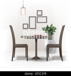 Vector dining room interior with round brown wooden table, two chairs, red book, cups of coffee or tea, lamp, plant in pot and photo frames on wall is Stock Vector