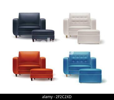 Vector set of white, orange, brown, black, blue armchairs with padded stools front view isolated on white background Stock Vector