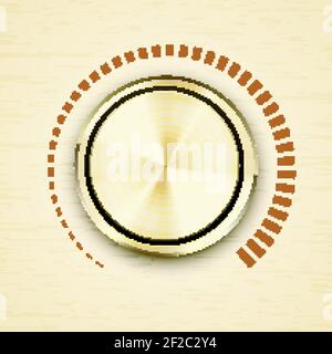 Round gold brushed metallic volume knob or button with a red scale showing increasing decibels and sound output on electronic music or broadcast equip Stock Vector
