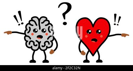 Cute Kawaii style disagreeing brain and heart icon, emotions and rational thinking conflict concept Stock Vector