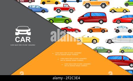 Flat colorful cars composition with travel bus and automobiles of different car body styles vector illustration Stock Vector