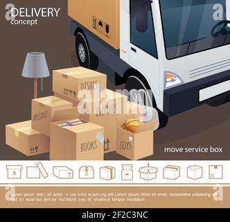 Colorful delivery service concept with truck lamp bag cardboard boxes of various goods and packages linear icons vector illustration Stock Vector