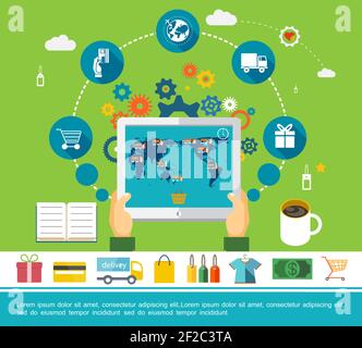 Flat online shopping round concept with hands holding tablet with online store application and e-commerce icons vector illustration Stock Vector