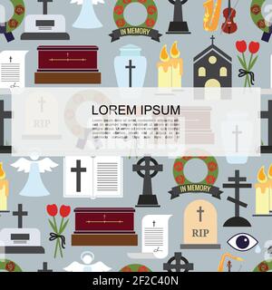 Flat funeral colored icons seamless pattern with cemetery crosses bible flowers coffin tombstone wreath urn for ash burning candles saxophone violin v Stock Vector