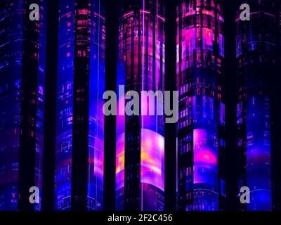 Abstract 3d illustration - bright futuristic towers on a dark background Stock Photo