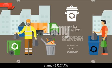 Flat garbage colorful template with street cleaner in uniform man taking out trash garbage truck on cityscape vector illustration Stock Vector