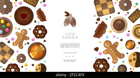 Flat sweet products colorful template with dark press gingerbread chess dipped chocolate cookies cracker and biscuits with fruits nuts vector illustra Stock Vector