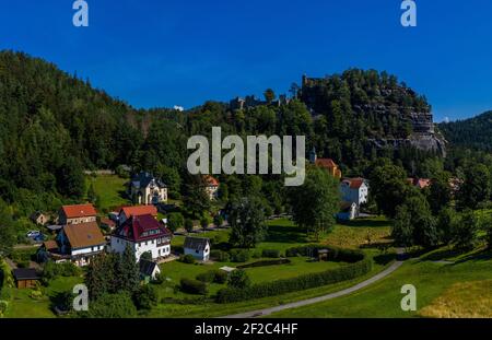 Panoramic view of Mount Oybin and the ruins of the monastery church and the castle, Germany. Drone photography Stock Photo