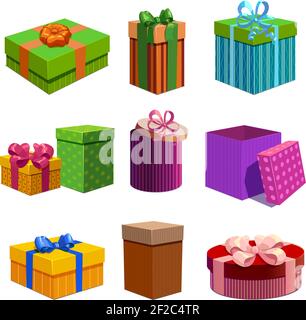 Gift boxes set with colorful cardboard packages of different shape grossy bows and ribbons isolated vector illustration Stock Vector