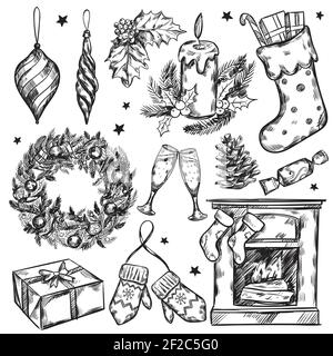 Sketch christmas gifts icon set with Christmas attributes and traditions in black color vector illustraiton Stock Vector