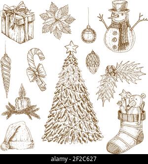 Set of isolated hand drawn monochrome christmas elements with year tree snowman gift box baubles vector illustration Stock Vector