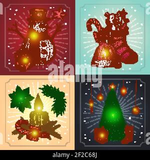 Christmas hand drawn glowing compositions with festive decorations rays and frame on snow background isolated vector illustration Stock Vector