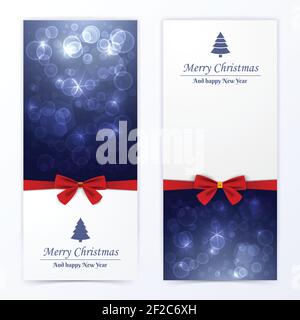 Vertical elegant merry christmas banners decorated with red ribbons and bokeh set flat isolated vector illustration Stock Vector