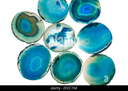 agate blue set. slices of natural stone isolated on white background. Agate pattern in blue tones.Texture of natural stone agate.blue Agate geode Stock Photo