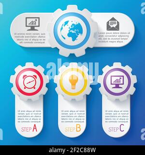 Abstract business web design banners set of different size with colorful icons and description of steps isolated on blue background flat vector illust Stock Vector