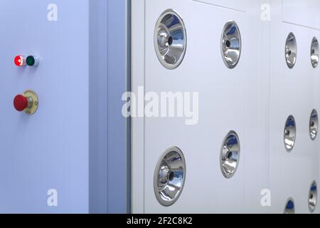 Cut-out wrenches horizontally placed from the biggest to the smallest in a row. Top view composition. Hand tool. Tools for carpentry work. Type of fas Stock Photo